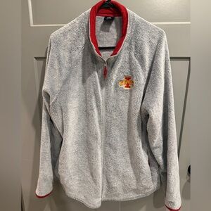Gray and Red Zip-Up Jacket with Logo